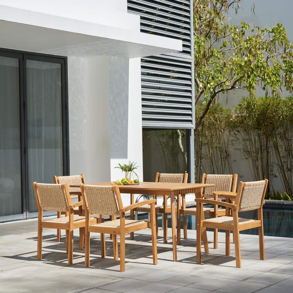 7-Piece Acacia Wood Outdoor Dining Set Brown Wood Top Table Set with Stacki