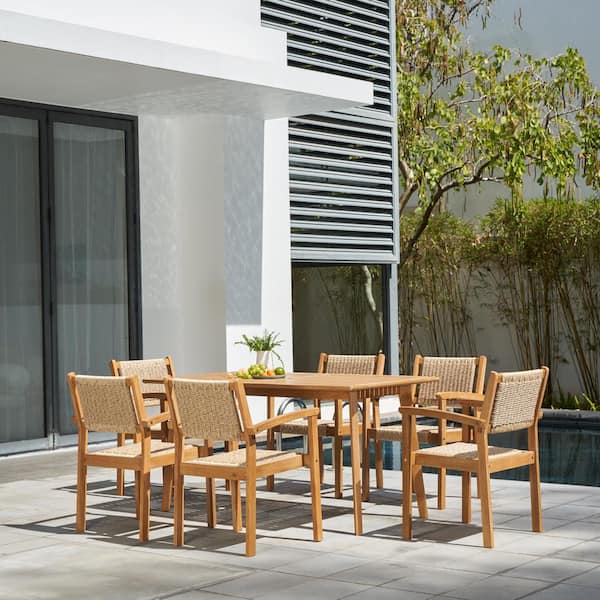 Unbranded 7-Piece Acacia Wood Outdoor Dining Set Brown Wood Top Table Set with Stacking Chair