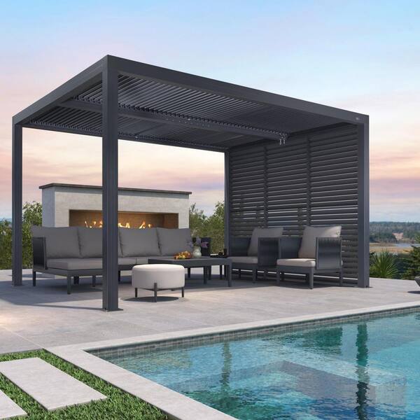 PURPLE LEAF 11 ft. x 13 ft. Gray Aluminum Louvered Pergola with 2 Adjustable Sunshade Roofs and 1-Short Side Fixed Shutter Wall