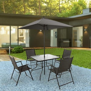 6-Piece Outdoor Patio Dining Set for 4 People, Patio Furniture Table and Foldable Chairs Set with Umbrella