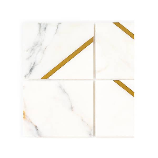 Jeffrey Court Take Home Tile Sample - Jazzy White/Gold 4 in. x 4 in. Square Honed Calacatta Marble/Gold Metal Mosaic