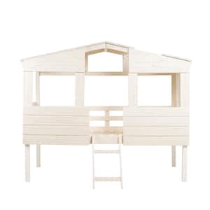 Pine Wood Cabana Low Loft Bed with 2 Step Ladder in Sand Finish