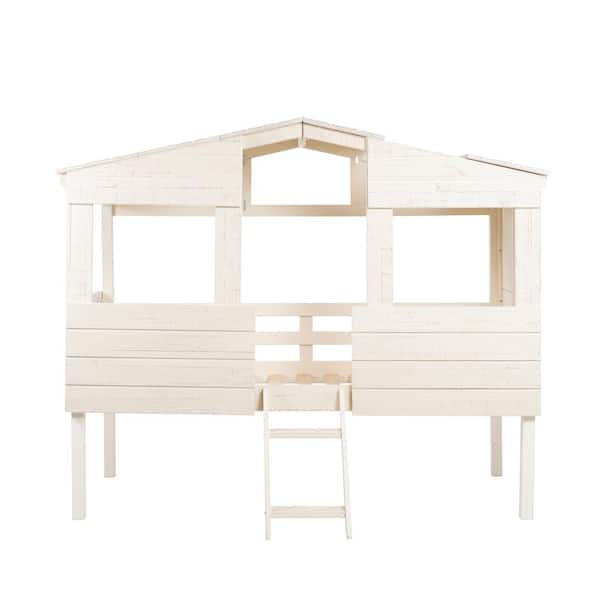 MAYKOOSH Pine Wood Cabana Low Loft Bed with 2 Step Ladder in Sand Finish