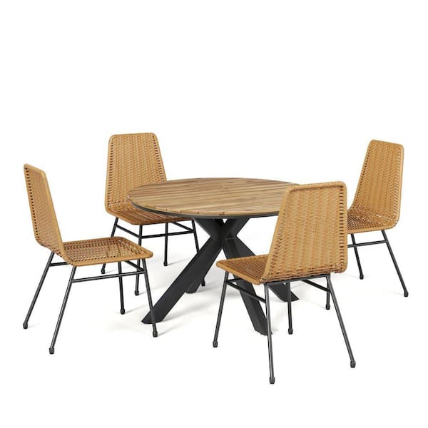5-Piece Light Brown Rattan Ondoor Dining Set Patio Table and Chair Set Conversation Set with Acacia Wood Tabletop