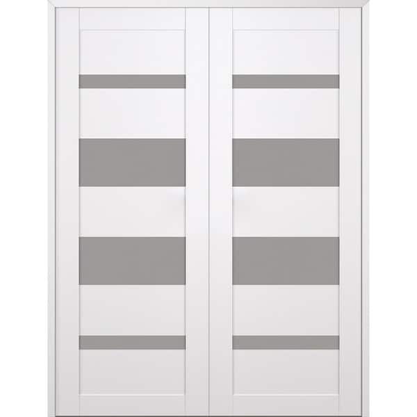 Mirella 48 in. x 96 in. Both Active 4-Lite Frosted Glass Snow White Wood Composite Double Prehung Interior Door