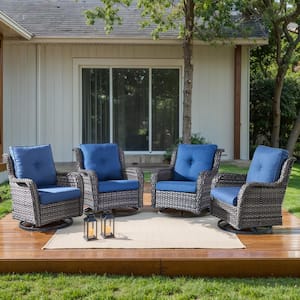 4-Piece Gray Swivel Glider Wicker Outdoor Rocking Chair with Blue Cushions and Curved Armrest