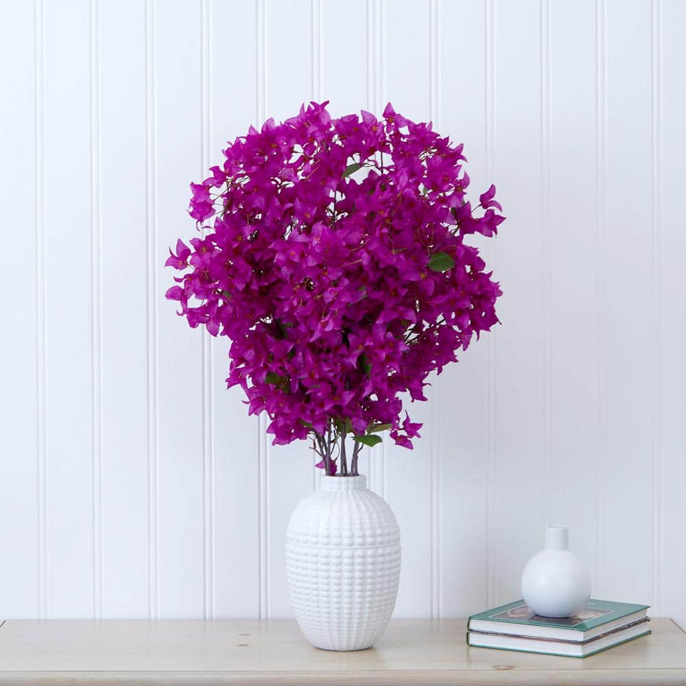 White Ceramic Vase with Purple Bougainvillea Floral Arrangement