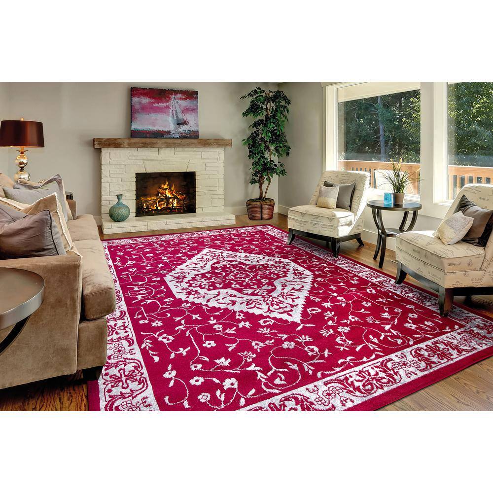 Red Medallion Synthetic Stain-Resistant 7' x 9' Area Rug