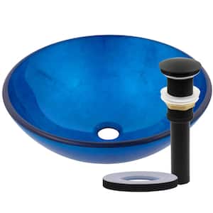 Verdazzurro Glass Vessel Sink in Painted Blue Foil with Drain Assembly in Matte Black