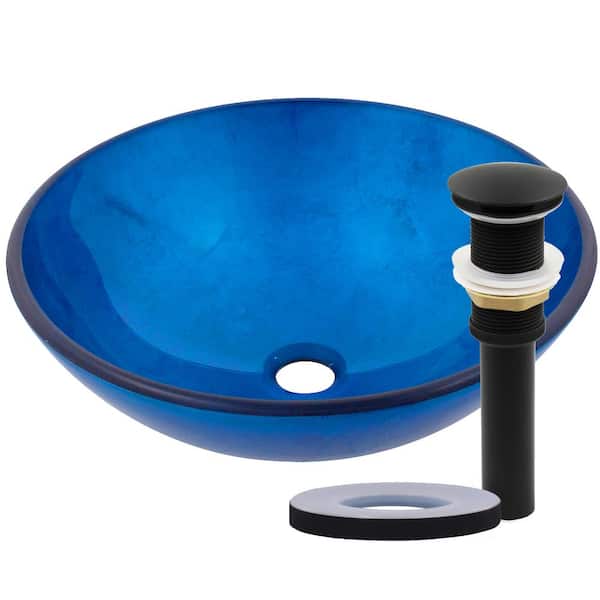 Novatto Verdazzurro Glass Vessel Sink in Painted Blue Foil with Drain Assembly in Matte Black