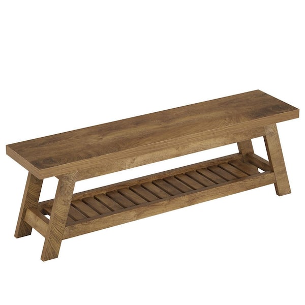 17in. H x 55 in. W Walnut Wood Shoe Storage Bench, 2-Tier Foyer Seating Bench with Shelves Entryway, Bedroom, Hallway