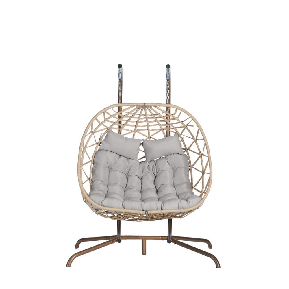 Hanging Outdoor Double Light Yellow Wicker Rattan Porch Swing Egg Chair wit