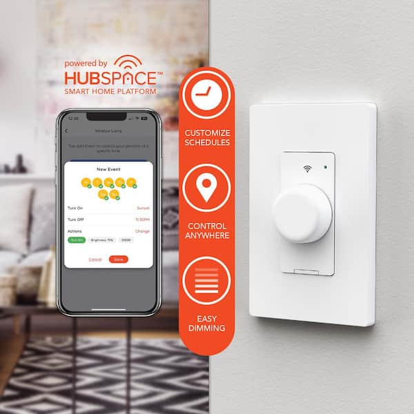 15 Amp Single-Pole White Smart Rotary Dimmer Light Switch with Wi-Fi, Bluetooth Technology Powered by Hubspace (1-Pack)