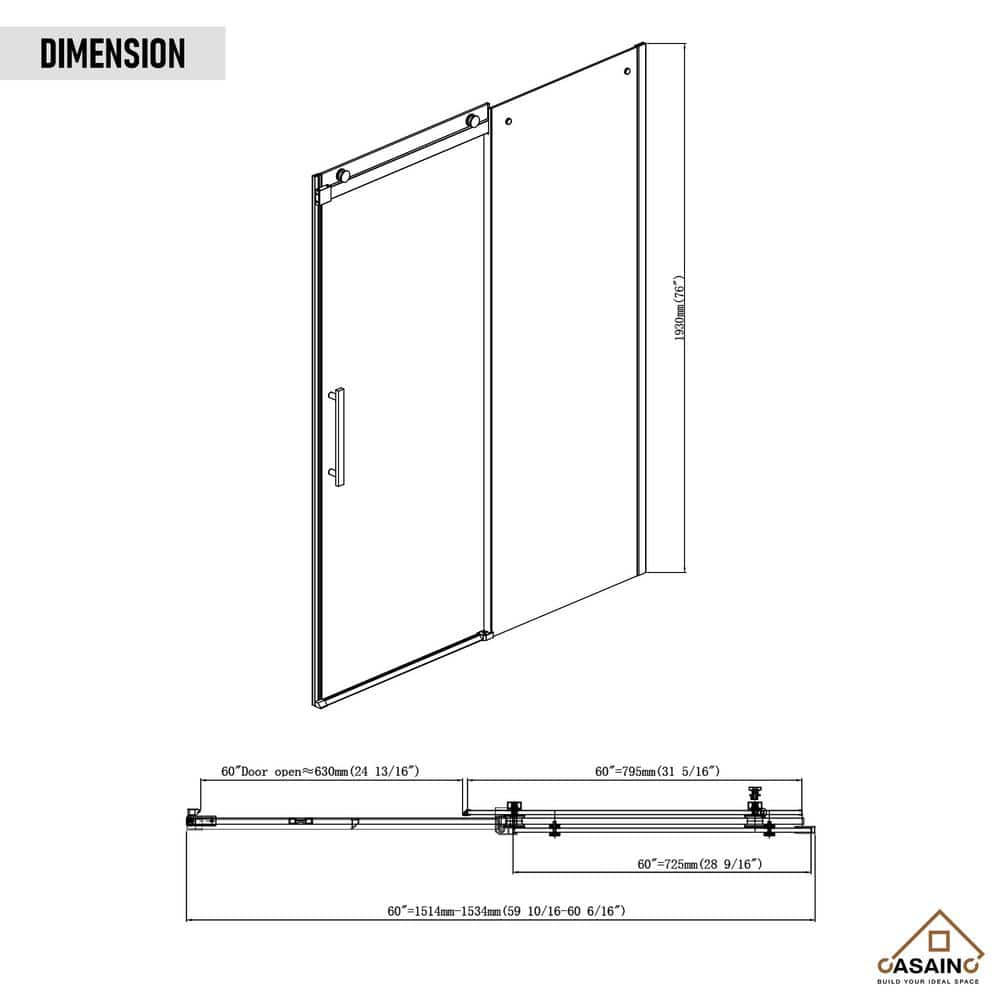60" Chrome Frameless Sliding Shower Door with Tempered Glass