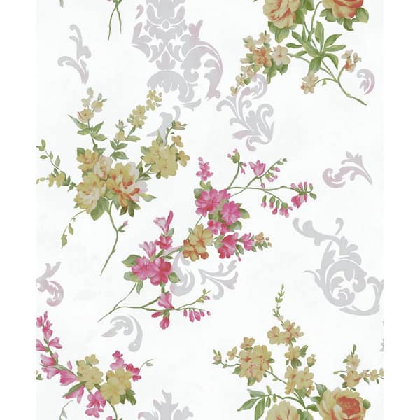 Dundee Deco Falkirk Ophia Flowers, Vines Tan, Pink, White Vinyl Peelable Roll (Covers 57 sq. ft.)
