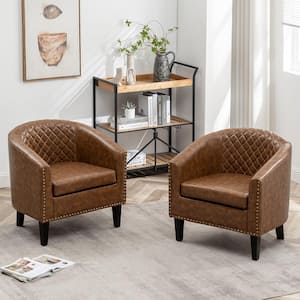 Coffee Tufted Faux Leather Small Club Bar Barrel Chair Set of 2 with Nailhead Trim