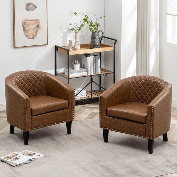 KINWELL Coffee Tufted Faux Leather Small Club Bar Barrel Chair Set of 2 with Nailhead Trim