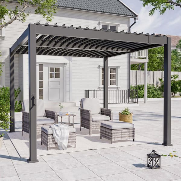 10 ft. x 10 ft. Modern All-Aluminum Pergola with  Adjustable Louvered Roof, Grey