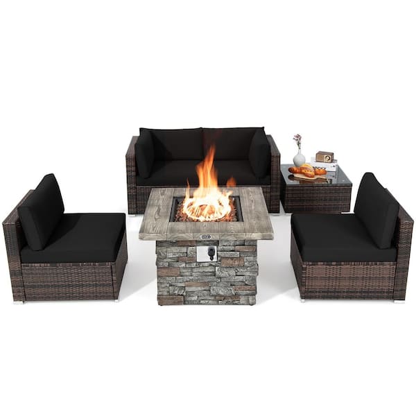 Costway 6 -Piece Wicker Patio Conversation Set 34.5 in. Fire Pit Table with Cover Black Cushions