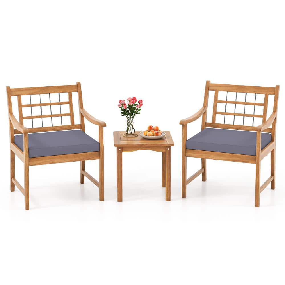 3-Piece Acacia Wood Outdoor Patio Set with 2 Slatted Chairs, Gray Cushions and Matching Coffee Table price history on PriceWatchPro