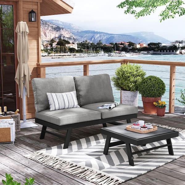 Pellebant Three Seater Aluminum Outdoor Couch with Gray Cushions
