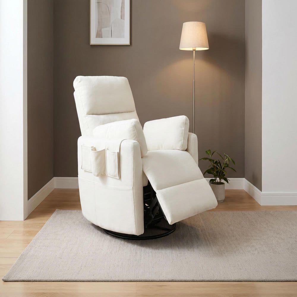 White Fabric Power Recliner Chair Swivel Rocker Recliner with Side Storage Pockets