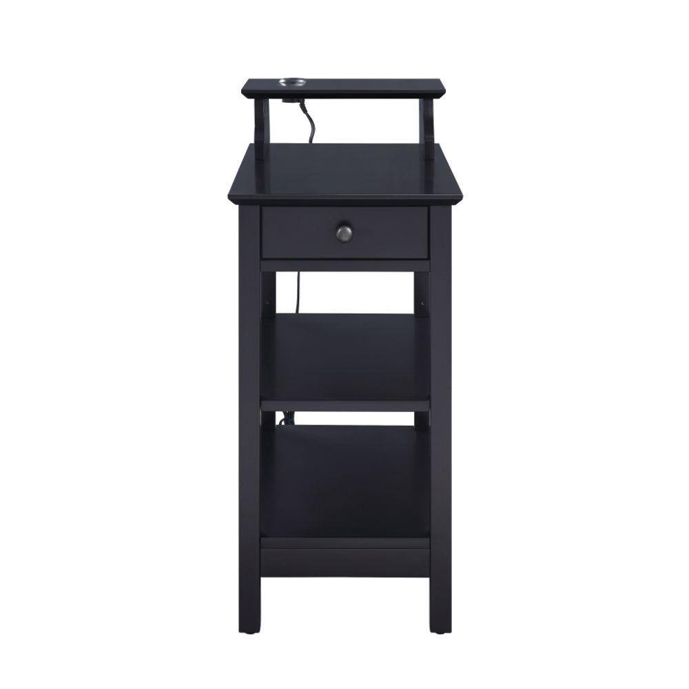 Black Wood Rectangular Side Table with USB Charging Dock