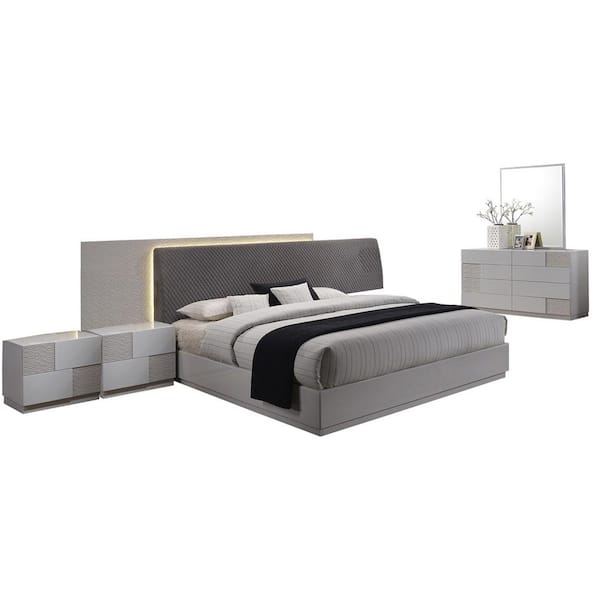 White Silver Modern Queen Bedroom Set, Contemporary Queen Bed Set