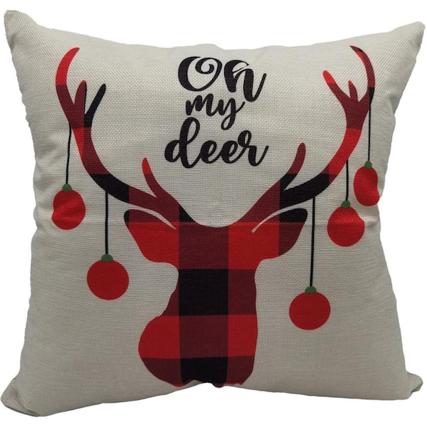 Christmas Time 15.5 in. Buffalo Plaid Reindeer Oh my Deer Christmas Throw Pillow