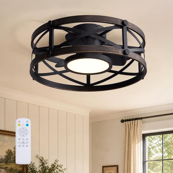 22 in. Fandelier Ceiling Fan with Light Caged Flush Mount Design Distressed Black Finish with Remote APP Control