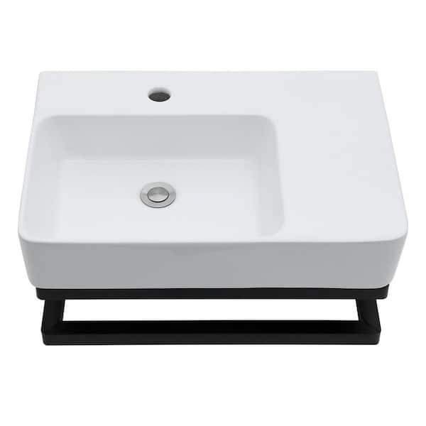 23.25 in. Rectangular Ceramic Wall-Mounted Rectangular Bathroom Sink in White, with Black Towel Bar