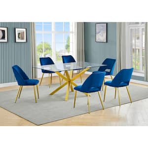 Tom 7-Piece Rectangle Glass Top With Gold Stainless Steel Table Set, Seats 6-Navy Blue Velvet Chair.