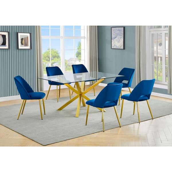 Best Quality Furniture Tom 7-Piece Rectangle Glass Top With Gold Stainless Steel Table Set, Seats 6-Navy Blue Velvet Chair.