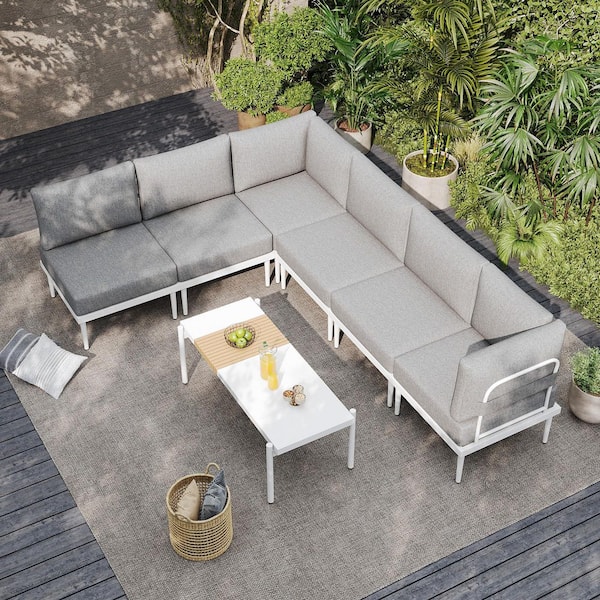 7-Piece Metal Outdoor Patio Conversation Set with Coffee Table, Grey Cushions and White Frame