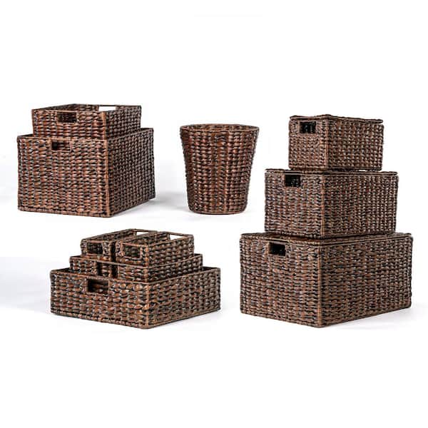 happimess Traditional Assorted Hand-Woven Hyacinth/Iron Baskets, Dark Brown Wash (Set of 10)