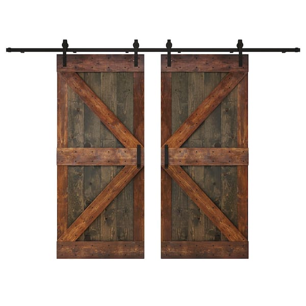 COAST SEQUOIA INC K Series 72 in. x 84 in. Aged Barrel Dark Walnut Knotty Pine Wood Double Sliding Barn Door with Hardware Kit