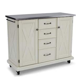 Seaside White Kitchen Cart with Stainless Steel Top