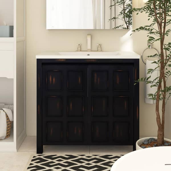 Unbranded 36 in. W x 18 in. D x 34 in. H Single Sink Freestanding Bath Vanity in Retro Espresso with White Cultured Marble Top
