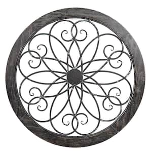 Gray 24 in. Round Scroll Medallion Wood and Metal Wall Panel