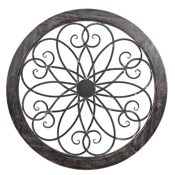 Unbranded Gray 24 in. Round Scroll Medallion Wood and Metal Wall Panel