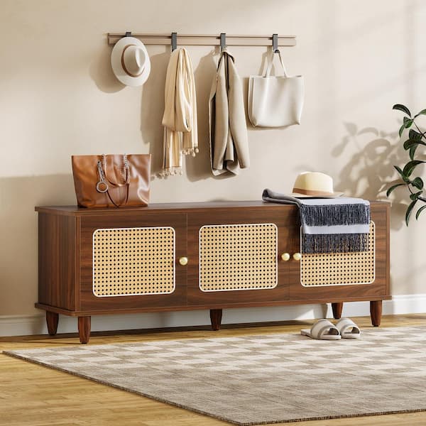 55 in. Entryway Storage Bench, Rustic Brown Indoor Bedroom Bench with Rattan Doors, Shoe Storage Bench with Legs