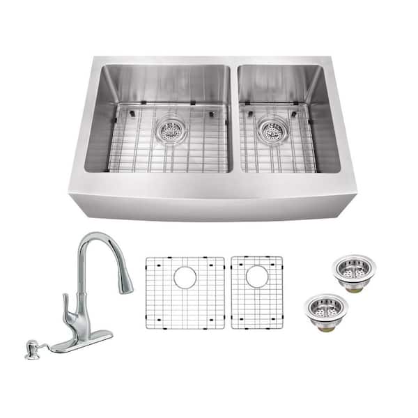 Schon All-in-One Farmhouse Apron Front 16-Gauge Stainless Steel 36 in. 60/40 Double Bowl Kitchen Sink with Pull Out Faucet