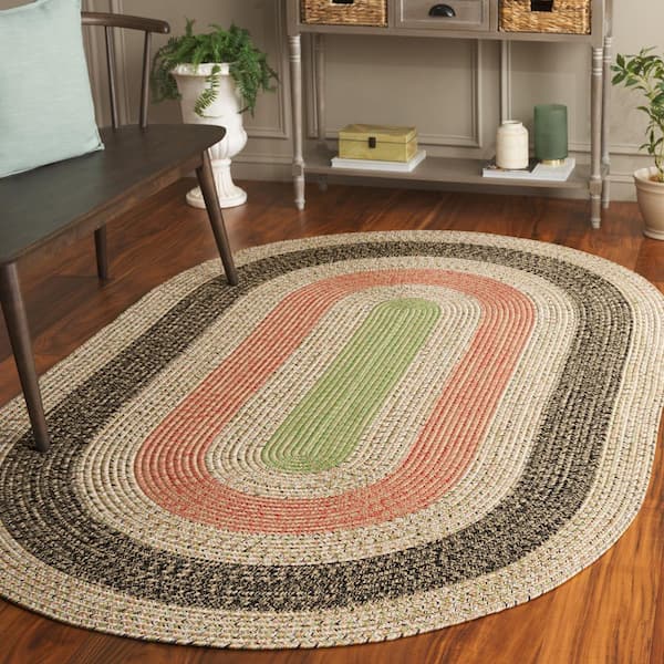 Braided Black/Light Green 5 ft. x 8 ft. Machine Washable Striped Solid Multi Oval Area Rug