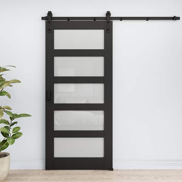 36 in. x 80 in. 5 Lite Tempered Frosted Glass Black Finished MDF Composite Sliding Barn Door with Hardware Kit