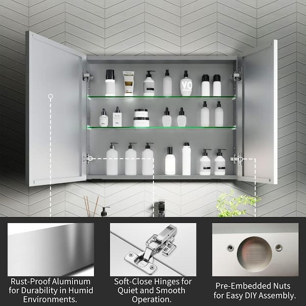 30 in. W x 24 in. H Rectangular Silver Aluminum Recessed/Surface Mount Medicine Cabinet with Mirror and Soft-Close Door