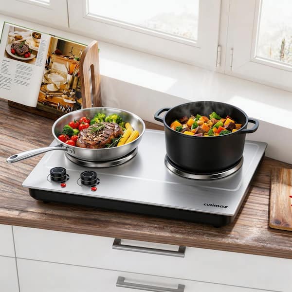Elexnux Portable 2-Burner 7.4 in. Silver Electric Hot Plate
