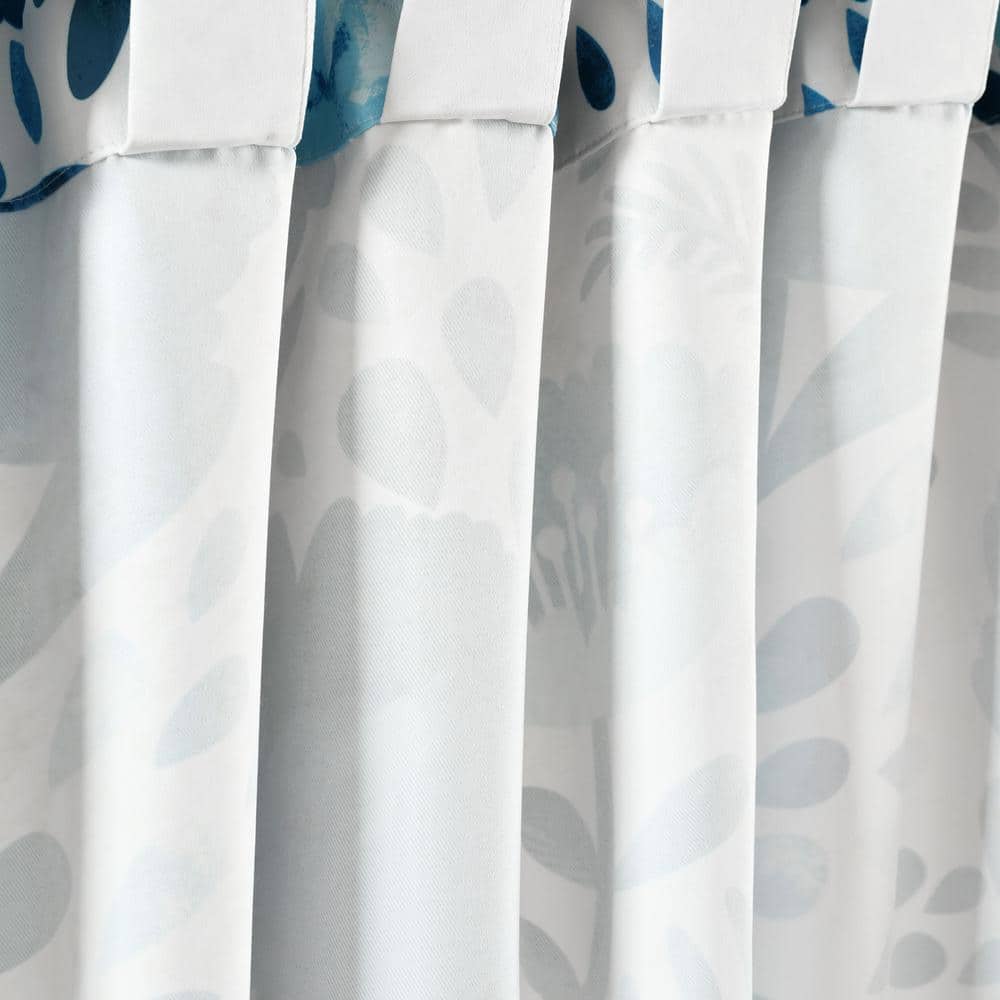 Blue Floral Polyester Room Darkening Curtain Panels