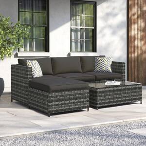 Brushed Mixed Gray 5-Piece Rattan Sofa Sets, PE Wicker Outdoor Couch Conversation Set and Table with Grey Cushions