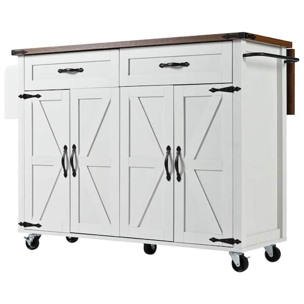Unbranded 53.5 in. Rolling White Kitchen Cart with Power Outlet, Drop Leaf, Spice Rack and Drawer