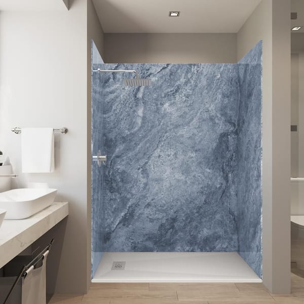CASTICO Bold Series- 60 in. x 32 in. x 84 in. Alcove Solid Composite Stone Shower Kit -Fusion Blue Walls L/R WH Shower Pan Base